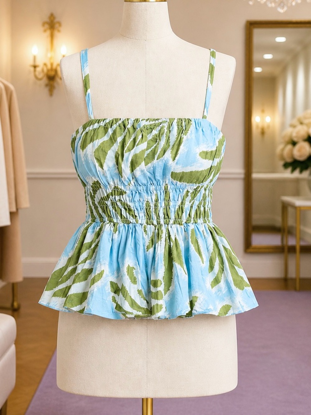 Tanya Taylor Polina Top Blue Green Smocked Peplum Strappy NWT MSRP $225